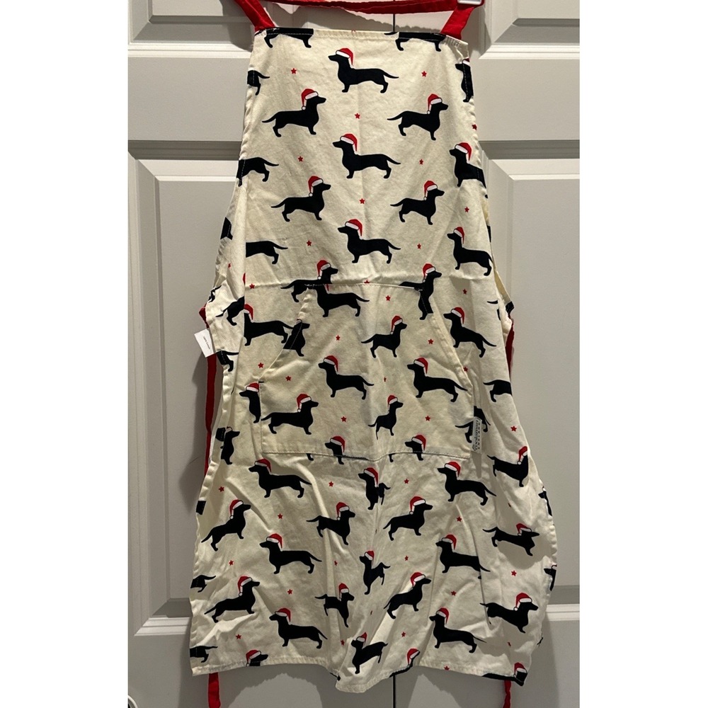 COOKSMART ENGLAND  Black Dachshund Dog Kitchen Apron Holiday Christmas Santa Hat